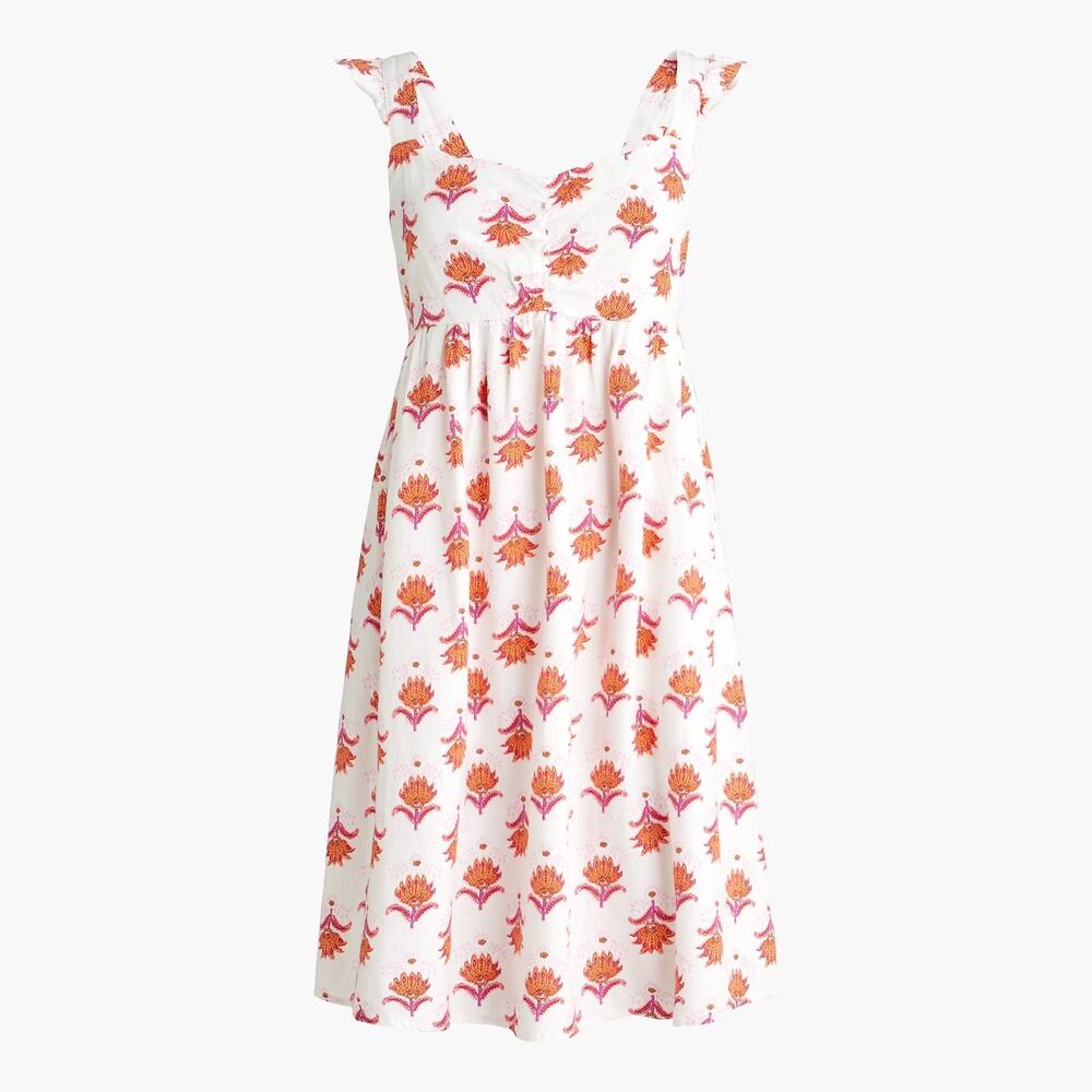 J Crew Block Print White Pink Orange Linen Blend Ruffle Mini Dress EUC 8